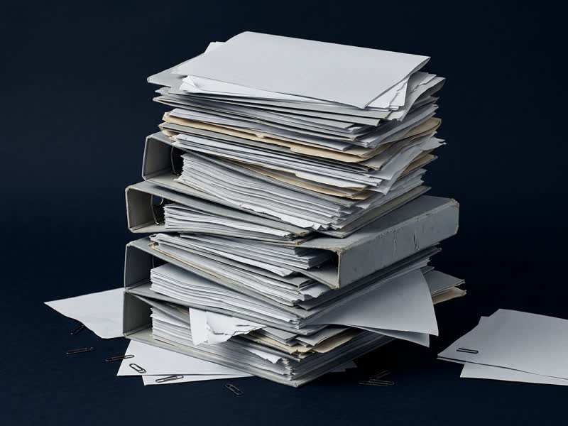 Generated still life: a leaning pile of blank forms, folders and binders